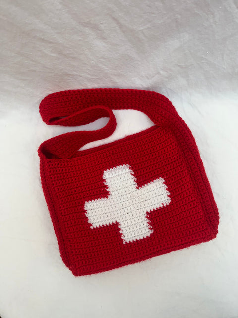 Red & White Cross Crochet Bag