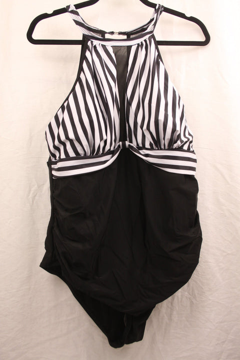 Black and White Striped Halter Neck Full Piece Bathing Suit--XXL