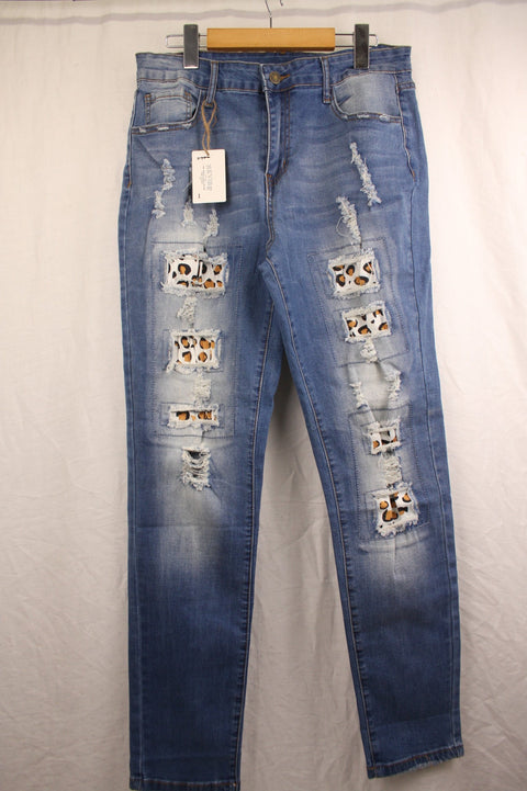 Medium Wash Ripped Jeans With Leopard Print