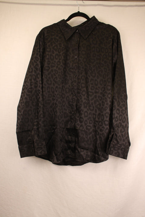 Black Satin Leopard Print Long Sleeve--XL