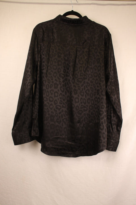 Black Satin Leopard Print Long Sleeve--XL