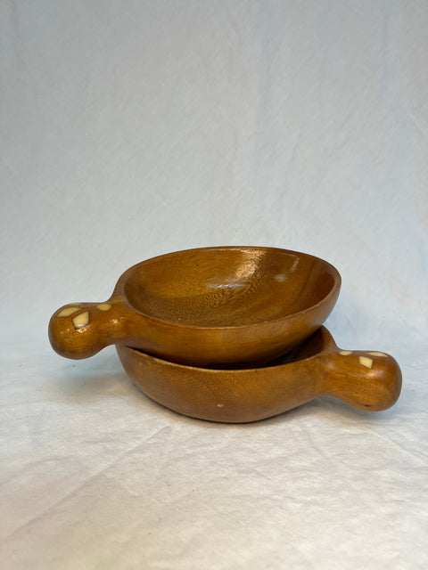 Set of 2 Carved Wooden Bowls With Small Handles