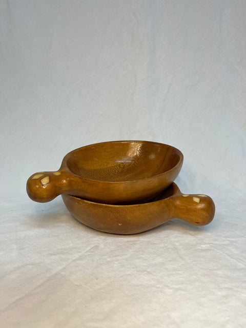 Set of 2 Carved Wooden Bowls With Small Handles