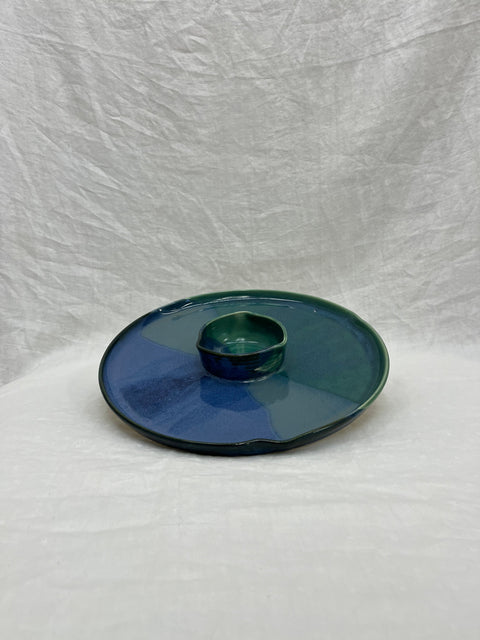 Blue Pottery Serving-and-Dip Bowl